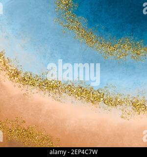 Sfondo astratto in marmo con oro. Grunge acquerello illustrazione in blu, beige sfumature. Foto Stock