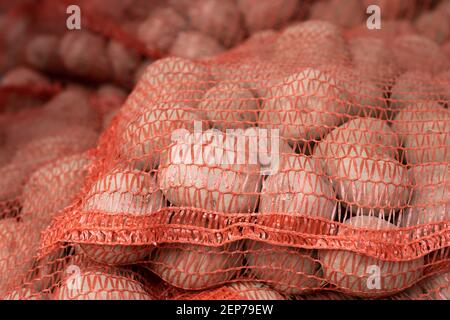 Patate appena raccolte e lavate in un pacco netto in un greencrocer. Immagine di sfondo Foto Stock