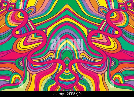 Psichedelico colorato surreale doodle onde modello. Fantastico sfondo ornamentale ondulato. Illustrazione vettoriale disegnata a mano. Illustrazione Vettoriale