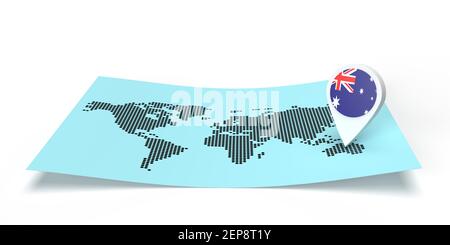 Visualizzazione 3D del localizzatore della mappa del paese che punta sulla destinazione globale su una mappa del mondo piatta. Symbol riporta la bandiera australiana. Illustrazione isolata con spazio per la copia Foto Stock