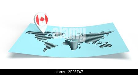 Localizzatore di mappe dei paesi con rendering 3D che punta su una destinazione globale su una mappa del mondo piatta. Symbol riporta la bandiera Canada. Illustrazione isolata con spazio per la copia Foto Stock