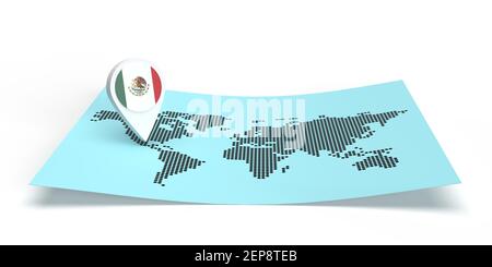 Localizzatore di mappe dei paesi con rendering 3D che punta su una destinazione globale su una mappa del mondo piatta. Symbol riporta la bandiera del Messico. Illustrazione isolata con spazio per la copia Foto Stock