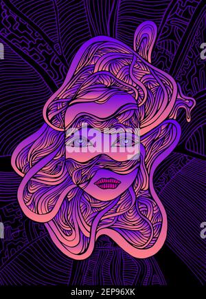 Fantastico cyborg ragazza faccia in fili, colore rosa brillante sfumatura viola, isolato contorno viola scuro su sfondo nero. Mano creativa vettoriale Illustrazione Vettoriale