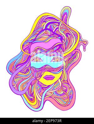 Fantastico astratto cyborg ragazza faccia in fili, colore luminoso, isolato sfondo bianco. Illustrazione disegnata a mano vettoriale con la ragazza android del viso. Doodle s Illustrazione Vettoriale