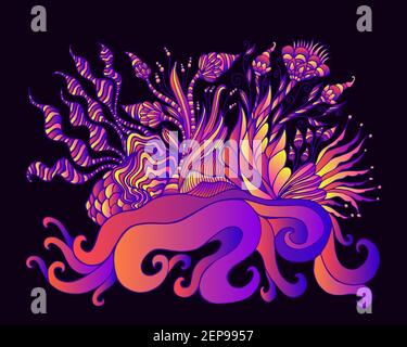 Fantastico paesaggio psichedelico con giardino fiorente, fiori e piante alieni sorprendenti, orage rosa porpora blu sfumatura colore neon, isolato su Illustrazione Vettoriale