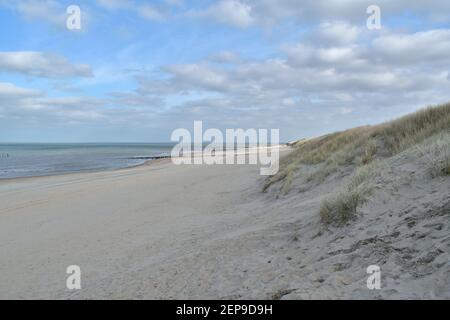 Una distesa aperta di coste del Mare del Nord e dune di sabbia a Domburg, nei Paesi Bassi, sotto un cielo blu nuvoloso. Foto Stock