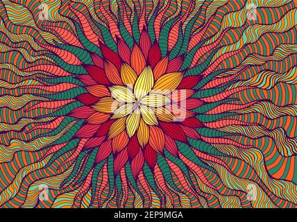 Astratto doodle colorato fiore decorativo, giallo arancio rosso verde. Carta artistica elegante con fiori creativi. Illustrazione vettoriale disegnata a mano. Illustrazione Vettoriale