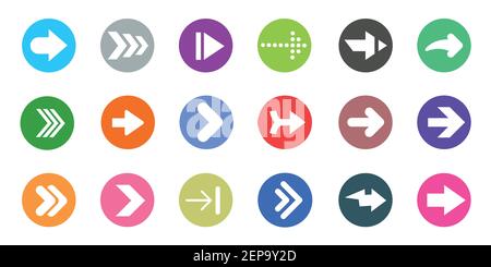 Set di icone con i segni di freccia. Pulsante Internet a forma di cerchio colorato su sfondo bianco. Illustrazione Vettoriale