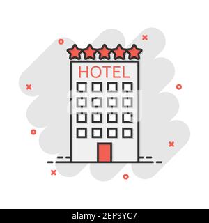 Vector cartoon icona hotel in stile fumetto. Torre illustrazione di segno pittogramma. Hotel appartamento business effetto splash concept. Illustrazione Vettoriale