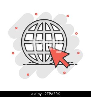 Vector cartoon andare all'icona web in stile fumetto. Globo mondo illustrazione di segno pittogramma. WWW url business effetto splash concept. Illustrazione Vettoriale