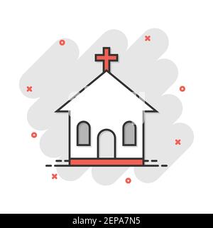 Vector cartoon chiesa santuario icona in stile fumetto. Cappella illustrazione di segno pittogramma. Chiesa business effetto splash concept. Illustrazione Vettoriale