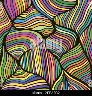 Linee astratte luminose motivo artistico, colore arcobaleno multicolore. Elegante carta psichedelica decorativa. Illustrazione vettoriale disegnata a mano. Doodles onda backgro Illustrazione Vettoriale