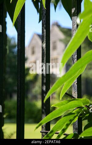 Dartington Hall attraverso ringhiere in ferro, Devon, Inghilterra Foto Stock