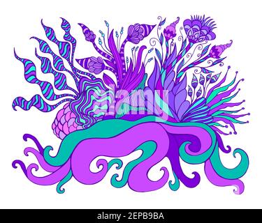 Colorato giardino surreale con fiori e piante che crescono su un'isola da liana, isolato su sfondo bianco. Illustrazione vettoriale disegnata a mano con bl Illustrazione Vettoriale