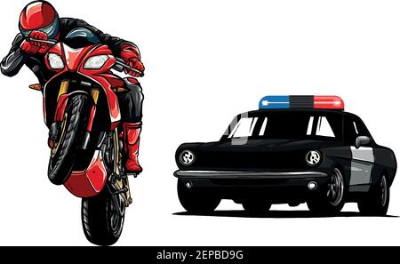 L'automobile della polizia sta inseguendo un criminale su una motocicletta. Illustrazione Vettoriale