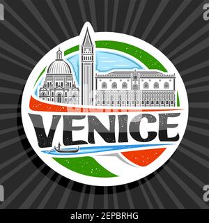 Logo vettoriale per Venezia, adesivo decorativo bianco con illustrazione della famosa città di venezia sullo sfondo del cielo del giorno, art design frigorifero turistico m Illustrazione Vettoriale
