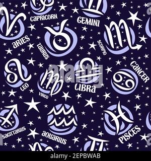 Vector Astrology Seamless Pattern, sfondo zodiaco a ripetizione quadrata con simboli astrologici, illustrazioni di dodici segni zodiacali e disegno di cartoni animati Illustrazione Vettoriale