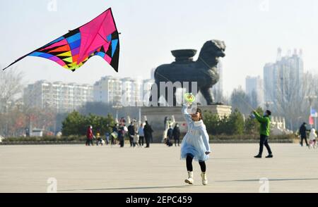 Cangzhou, provincia cinese di Hebei. 27 Feb 2021. I cittadini volano i aquiloni in un parco nella città di Cangzhou, nella provincia di Hebei, nel nord della Cina, il 27 febbraio 2021. Credit: Yuan Liwei/Xinhua/Alamy Live News Foto Stock