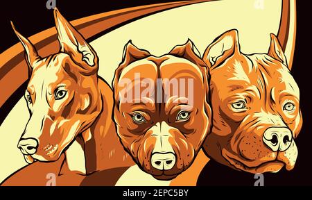 Teste di cani pitbull dobermann vettore bulldog Illustrazione Vettoriale