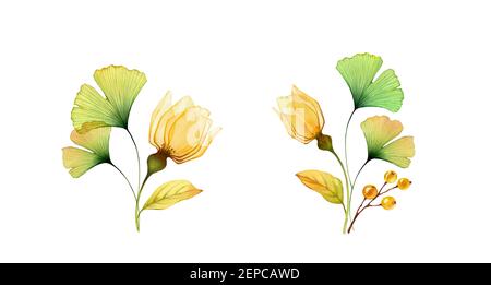 Set floreale acquerello. Raccolta di due bouquet con rose gialle, foglie di ginkgo e bacche. Design isolato dipinto a mano. Illustrazione botanica Foto Stock