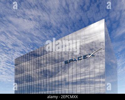 Hawthorne, California, Stati Uniti. 15 giugno 2020. Solo per uso editoriale, CGI 3D. Logo SpaceX Glowing Signage sulla parte superiore dell'edificio in vetro. Luogo di lavoro in High-Rise Office HA Foto Stock