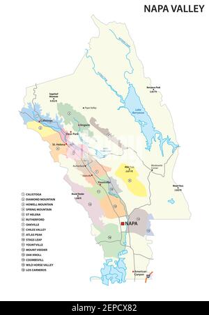 Mappa vettoriale delle regioni viticole del Distretto di Napa Valley, California, Stati Uniti Illustrazione Vettoriale