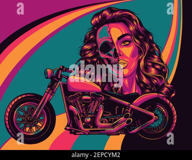 vector illustration moto chopper vintage con viso donna Illustrazione Vettoriale