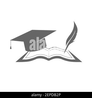 prenota con un cappuccio graduato e una penna. Illustrazione vettoriale del logo, emblema o adesivo di un laureato. Stile semplice Illustrazione Vettoriale