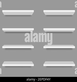 Scaffali di prodotti per negozi bianchi. Espositore vuoto vuoto, scaffali per supermercati 3D. Scaffale per librerie, prodotti per il mercato della merce per lo shopping Illustrazione Vettoriale