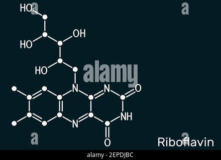 Riboflavina, molecola di vitamina B2. Si tratta di flavina solubile in acqua, si trova nel cibo, utilizzato come integratore alimentare E101. Formula chimica scheletrica sulla d Foto Stock