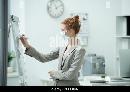 Giovane fidata donna manager in maschera protettiva in piedi davanti di whiteboard e indicando le sue note mentre si prepara per presentazione Foto Stock