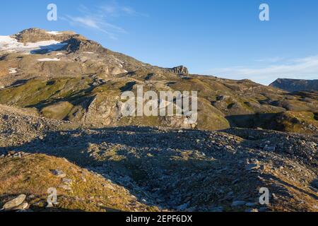 Moraine, geomorfologia vicino al ghiacciaio Frossnitz. Gruppo di montagna Venediger. Osttirol. Alpi austriache. Europa. Foto Stock