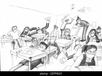 Gli studenti si comportano male in classe. Illustrazione. Foto Stock