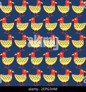Pattern vettoriale senza giunture con uccelli su sfondo blu. Semplice carta da parati vintage design polli in fila. Illustrazione Vettoriale