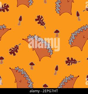 Pattern vettoriale senza giunture con ricci e foglie su sfondo giallo. Autunno foresta animale carta da parati con funghi. Moda tessile stagionale. Illustrazione Vettoriale