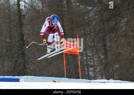 Val di Fassa, Italia. 27 Feb 2021. Christine Scheyer in occasione della Coppa del mondo di sci AUDI FIS Val di Fassa 2021 - Downhill Women, gara di sci alpino in Val di Fassa, Italia, febbraio 27 2021 Credit: Agenzia fotografica indipendente/Alamy Live News Foto Stock