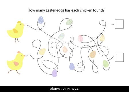 Uova di Pasqua, polli gioco educativo, puzzle, labirinto semplice, scuola materna attività vacanze di primavera, quante uova ha ogni pollo trovato labirinto ga Illustrazione Vettoriale