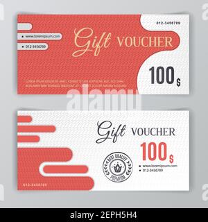 Modello voucher regalo vettoriale. Volantino universale per il business. Design vettoriale rosso bianco di lusso per grandi magazzini, aziende. Valore 100 dollari. Illustrazione Vettoriale