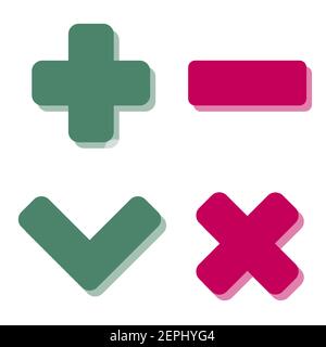 Più meno e segno di spunta icone piatte rosse e verdi con ombre. Illustrazione Vettoriale