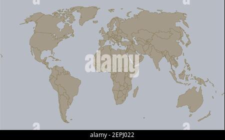 Proiezione della mappa mondiale isolata con tutti i continenti, gli oceani e i confini politici. Illustrazione Vettoriale