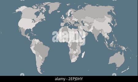 Proiezione della mappa mondiale isolata con tutti i continenti, gli oceani e i confini politici. Illustrazione Vettoriale
