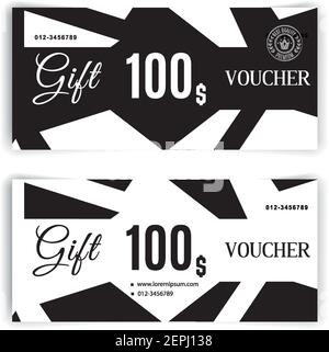 Modello voucher regalo vettoriale. Volantino universale per il business. Design vettoriale in bianco nero di lusso per grandi magazzini, aziende. Valore 100 dollari. Illustrazione Vettoriale