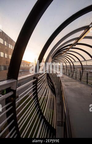 Luce mattutina sul ponte del tram Sir Peter Mansfield presso il Queens Medical Center (QMC) a Nottingham, Nottinghamshire, Inghilterra, Regno Unito Foto Stock