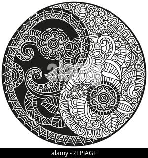 Simbolo Yin-Yang del vettore. Libro da colorare per adulti in stile orientale con fiori ed ornamenti floreali etnici. Modello di mandala circolare per hennè, mehndi Illustrazione Vettoriale