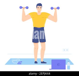 Uomo in piedi su manichini di sollevamento del tappetino durante la visione di video di formazione. Allenamento online, guadagni muscolari, allenamento domestico, concetto di costruzione del muscolo del braccio. Scorte Illustrazione Vettoriale