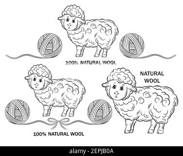 Lana naturale di pecora Merino. Insieme di vettori di contorno per Unione manuale. Pecora con filo a sfera rotondo. Abiti in maglia fatti a mano. Maglia, uncinetto di filo di lana Illustrazione Vettoriale