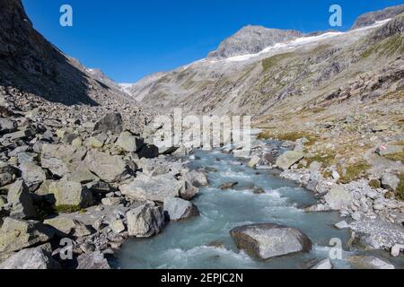 Torrente Viltragenbach. Alta valle di Innergschloss. Gruppo di montagna Venediger. Osttirol. Alpi austriache. Europa. Foto Stock