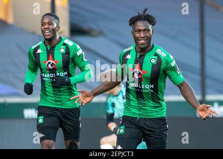 Cercle's Kevin Denkey celebra dopo aver segnato durante una partita di calcio tra Cercle Brugge KSV e Waasland Beveren, sabato 27 febbraio 2021 a Brug Foto Stock