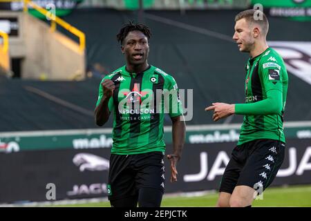 Cercle's Kevin Denkey celebra dopo aver segnato durante una partita di calcio tra Cercle Brugge KSV e Waasland Beveren, sabato 27 febbraio 2021 a Brug Foto Stock