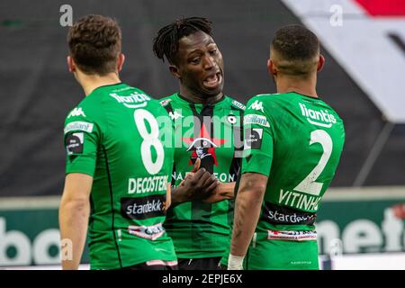 Cercle's Kevin Denkey celebra dopo aver segnato durante una partita di calcio tra Cercle Brugge KSV e Waasland Beveren, sabato 27 febbraio 2021 a Brug Foto Stock